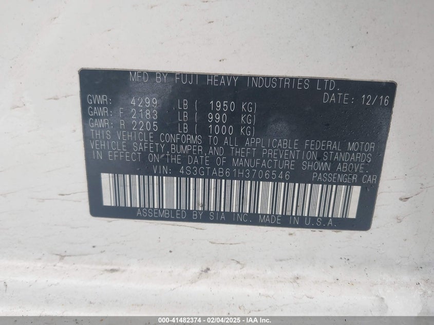 2017 Subaru Impreza 2.0I Premium VIN: 4S3GTAB61H3706546 Lot: 41482374