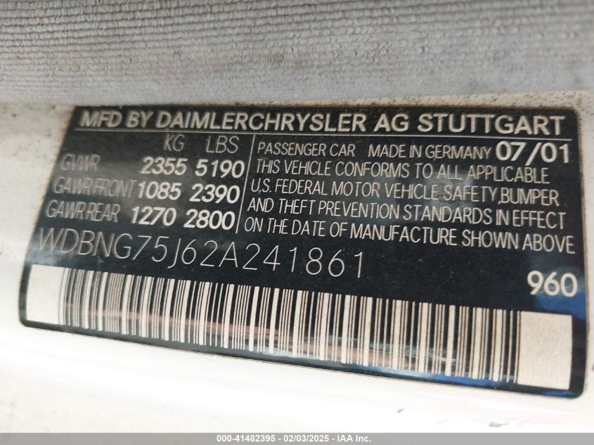 2002 Mercedes-Benz S 500 VIN: WDBNG75J62A241861 Lot: 41482395