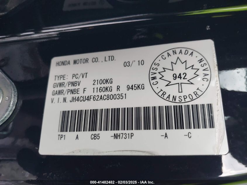 2010 Acura Tsx 3.5 VIN: JH4CU4F62AC800351 Lot: 41482482