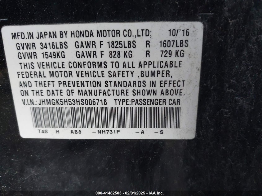 2017 HONDA FIT VIN: JHMGK5H53HS006718