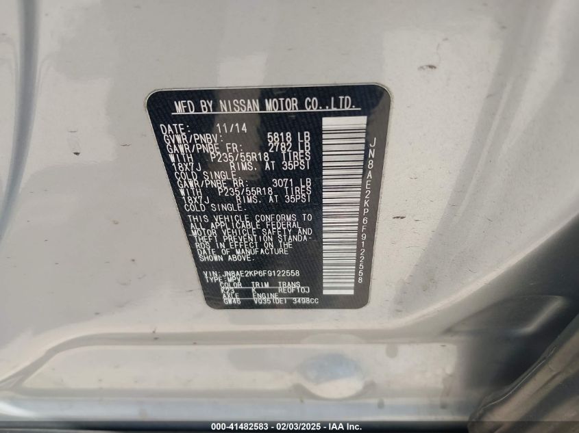 2015 Nissan Quest Sl VIN: JN8AE2KP6F9122558 Lot: 41482583