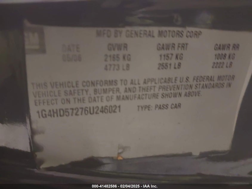 2006 BUICK LUCERNE VIN: 1G4HD57276U246021