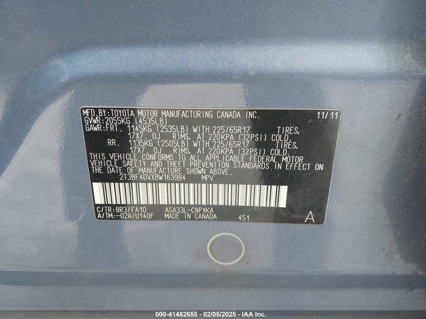 2011 TOYOTA RAV4 VIN: 2T3BF4DVXBW163984