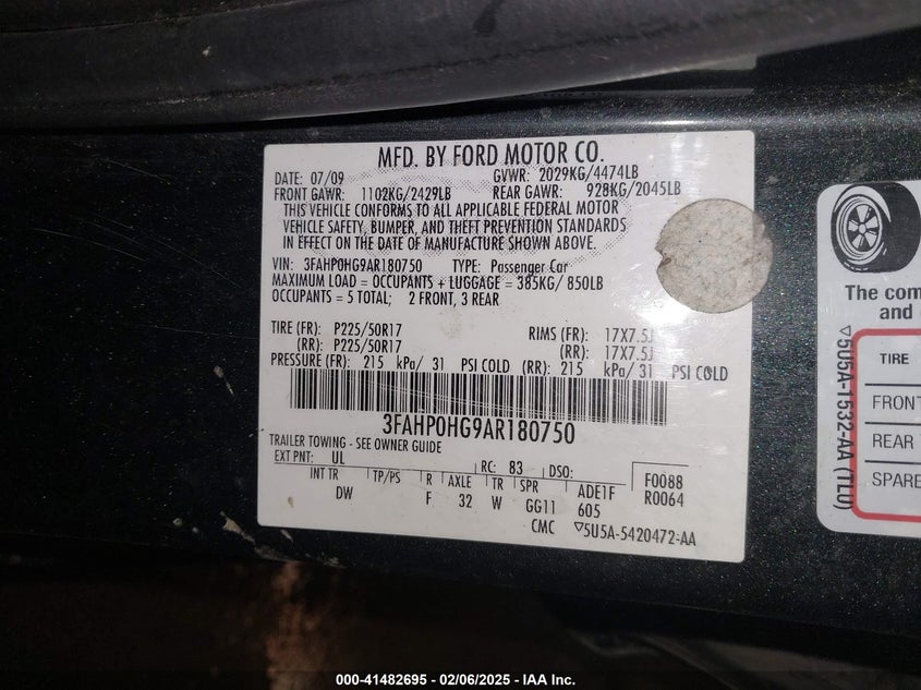 2010 FORD FUSION VIN: 3FAHP0HG9AR180750