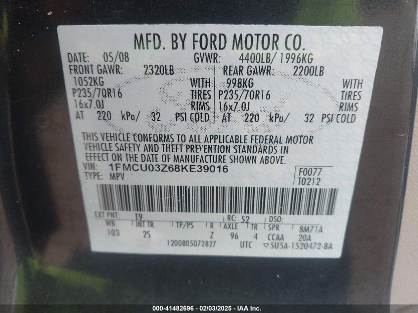 2008 FORD ESCAPE VIN: 1FMCU03Z68KE39016