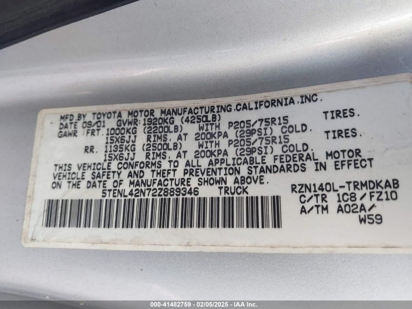 2002 Toyota Tacoma VIN: 5TENL42N722889346 Lot: 41482759