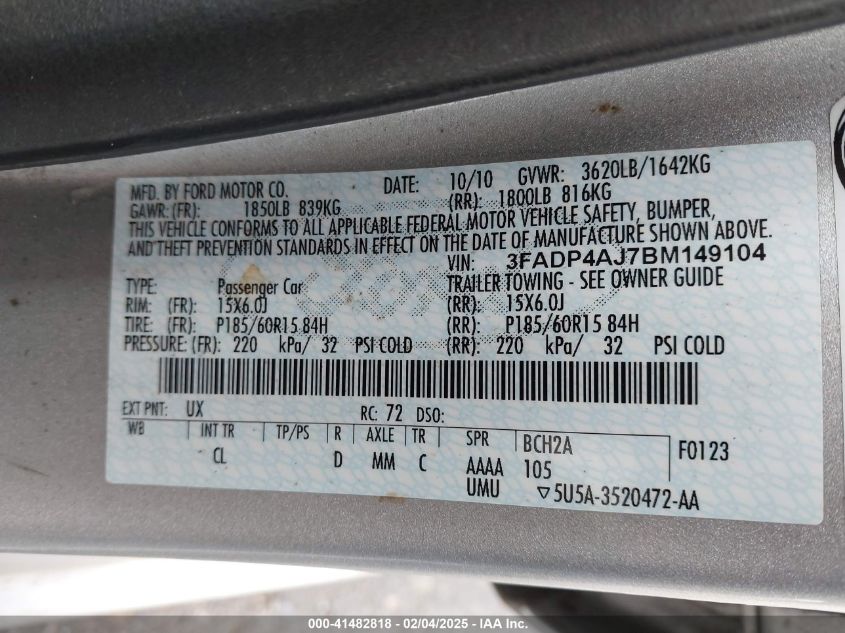 2011 Ford Fiesta S VIN: 3FADP4AJ7BM149104 Lot: 41482818