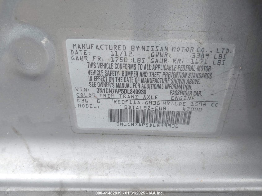2013 NISSAN VERSA VIN: 3N1CN7AP5DL849930