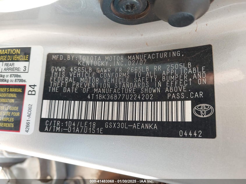 2007 TOYOTA AVALON VIN: 4T1BK36B77U224202