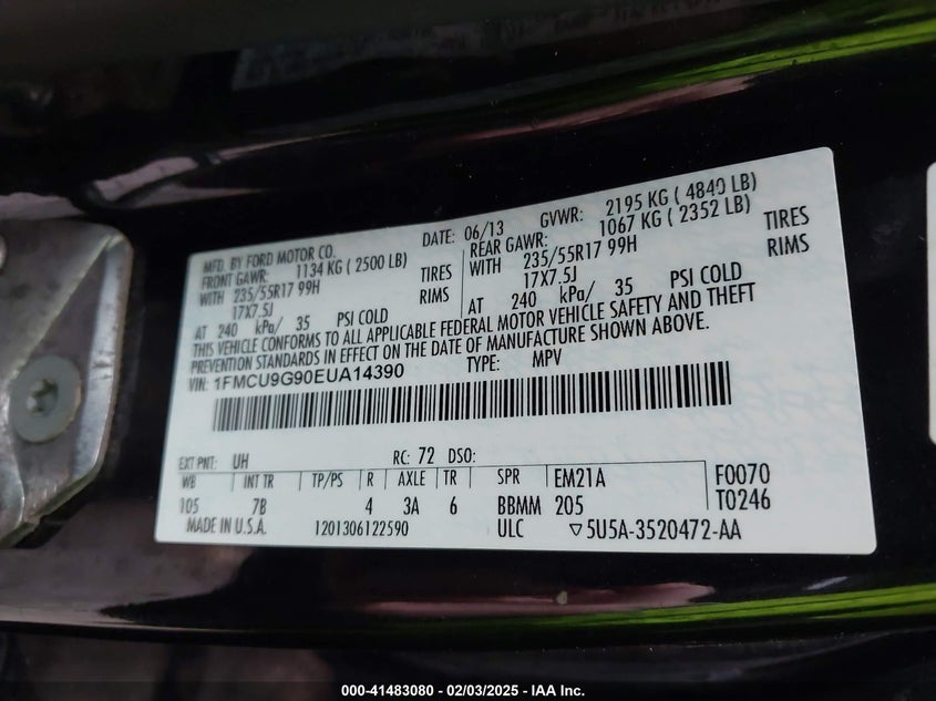 2014 FORD ESCAPE VIN: 1FMCU9G90EUA14390
