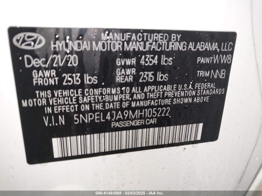 2021 HYUNDAI SONATA 2.5L I-4 DI, DOHC, V(VIN: 5NPEL4JA9MH105222