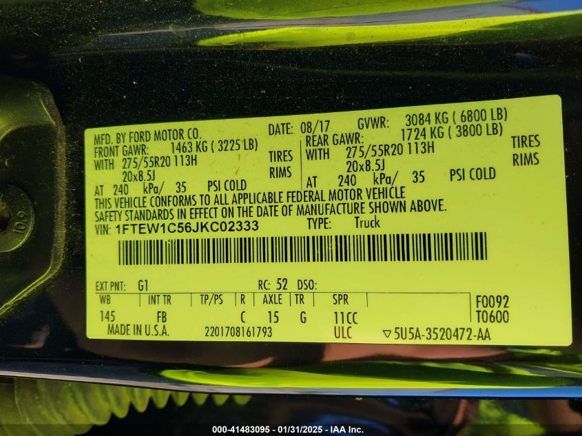 2018 Ford F-150 Xlt VIN: 1FTEW1C56JKC02333 Lot: 41483095