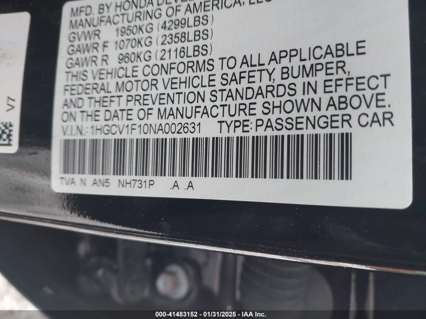 2022 HONDA ACCORD 1.5L I-4 DI, DOHC, V(VIN: 1HGCV1F10NA002631