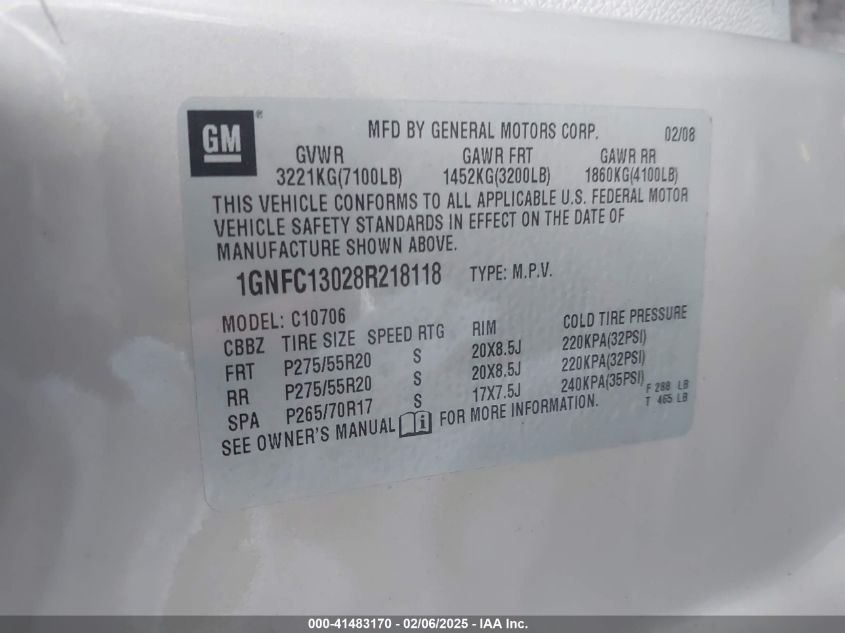 2008 Chevrolet Tahoe Ltz VIN: 1GNFC13028R218118 Lot: 41483170