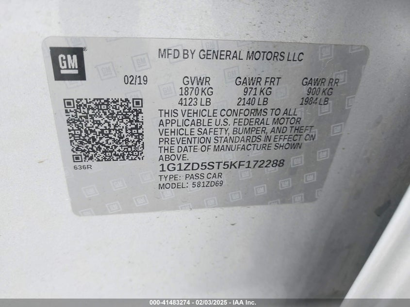 2019 CHEVROLET MALIBU VIN: 1G1ZD5ST5KF172288