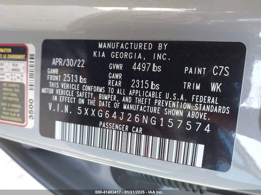 2022 KIA K5 VIN: 5XXG64J26NG157574