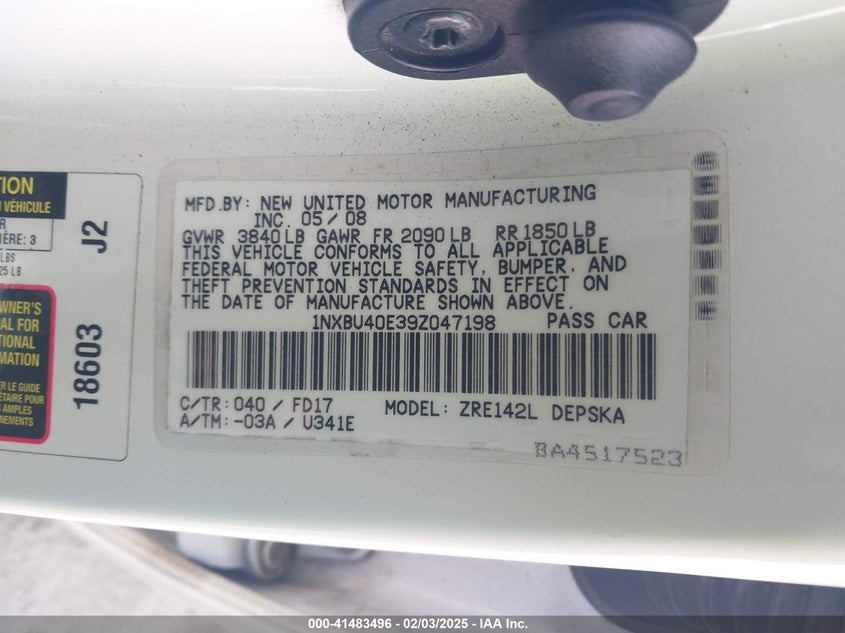 2009 TOYOTA COROLLA VIN: 1NXBU40E39Z047198
