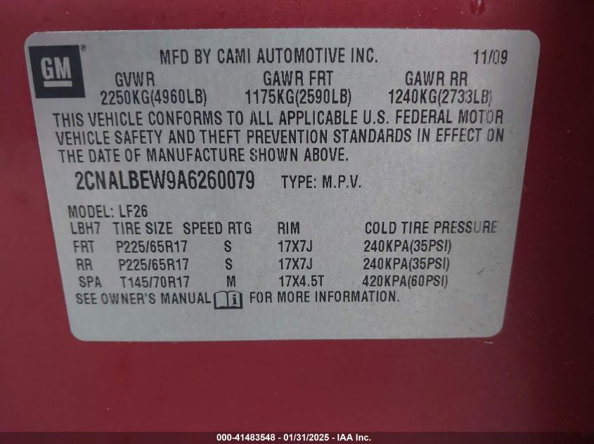 2010 Chevrolet Equinox Ls VIN: 2CNALBEW9A6260079 Lot: 41483548