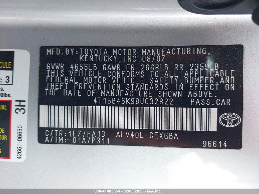 2008 TOYOTA CAMRY HYBRID VIN: 4T1BB46K98U032822