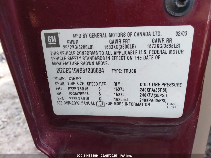 2003 Chevrolet Silverado 1500 Ls VIN: 2GCEC19V931300694 Lot: 41483599