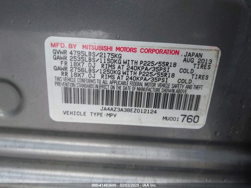 2014 MITSUBISHI OUTLANDER VIN: JA4AZ3A38EZ012124