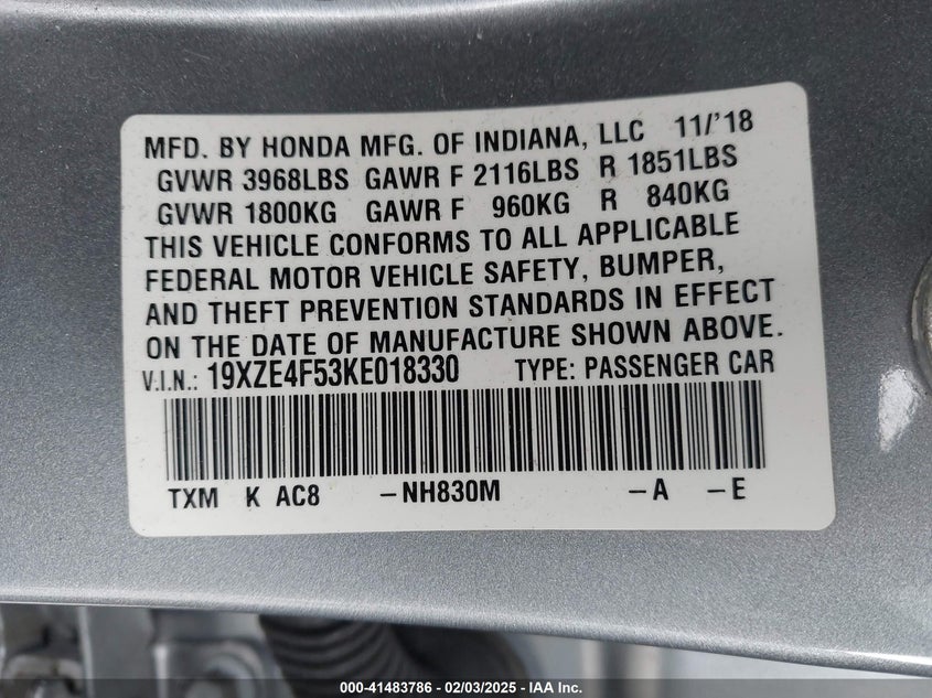 2019 HONDA INSIGHT VIN: 19XZE4F53KE018330