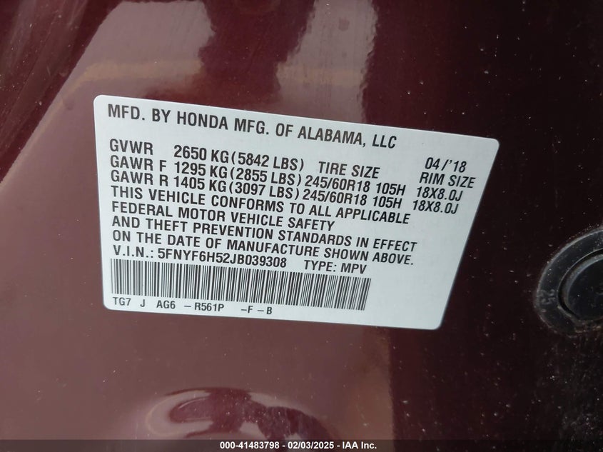 2018 HONDA PILOT VIN: 5FNYF6H52JB039308