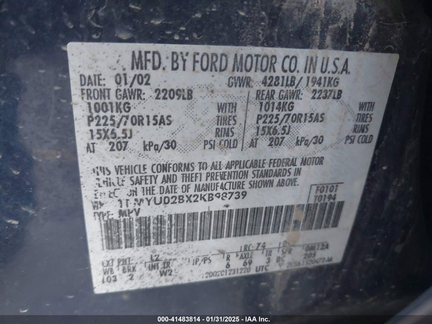 2002 Ford Escape Xls VIN: 1FMYU02BX2KB98739 Lot: 41483814