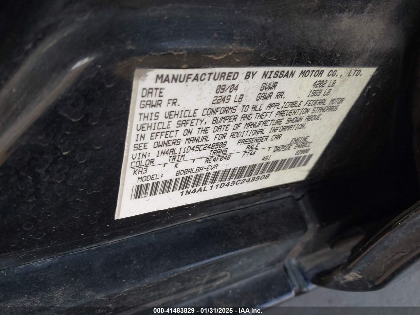 2005 Nissan Altima VIN: 1N4AL11D450248008 Lot: 41483829