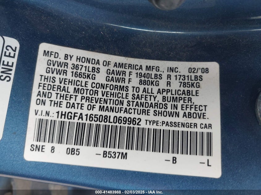2008 HONDA CIVIC VIN: 1HGFA16508L069962