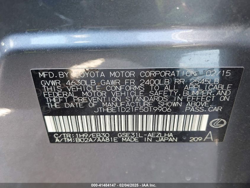 2015 Lexus Is 350 VIN: JTHBE1D21F5019906 Lot: 41484147