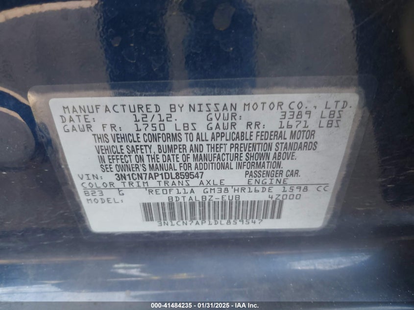 2013 NISSAN VERSA VIN: 3N1CN7AP1DL859547