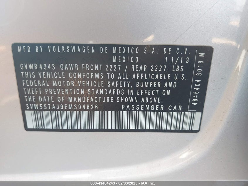 2014 VOLKSWAGEN JETTA VIN: 3VW5S7AJ9EM394826
