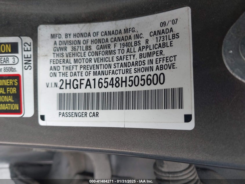 2008 HONDA CIVIC VIN: 2HGFA16548H505600