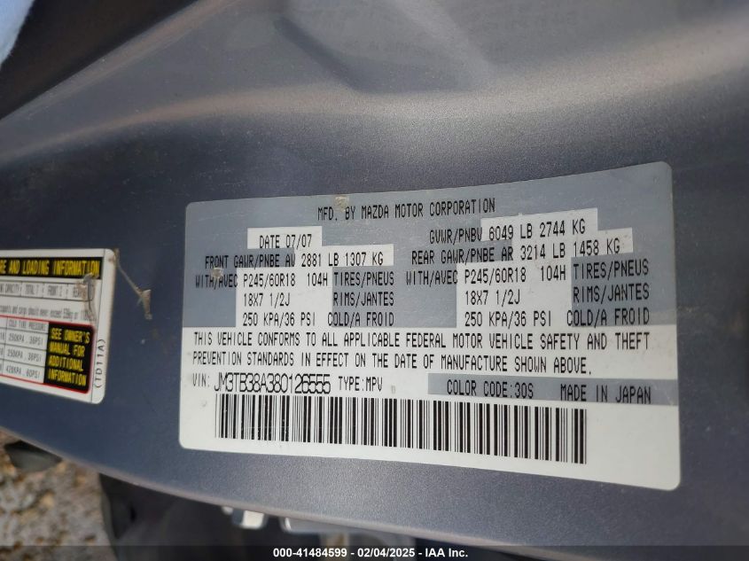 2008 Mazda Cx-9 Touring VIN: JM3TB38A380126555 Lot: 41484599