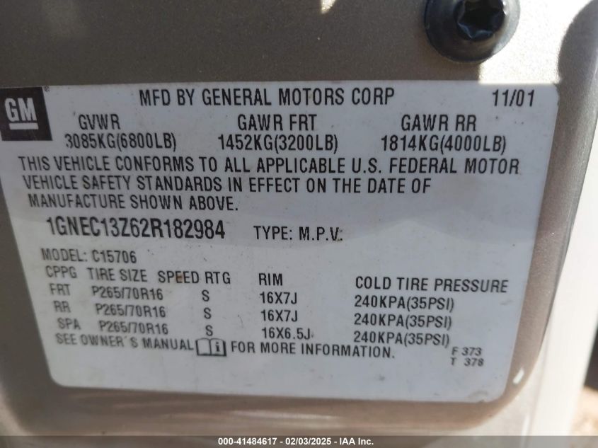 2002 Chevrolet Tahoe Ls VIN: 1GNEC13Z62R182984 Lot: 41484617