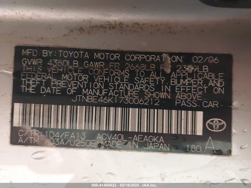 2007 TOYOTA CAMRY VIN: JTNBE46K173006212