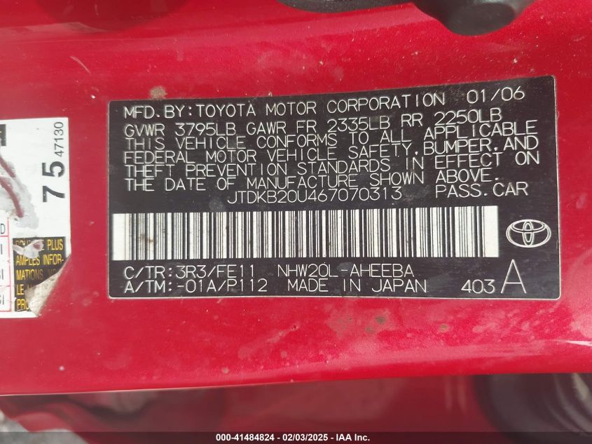 2006 Toyota Prius VIN: JTDKB20U467070313 Lot: 41484824