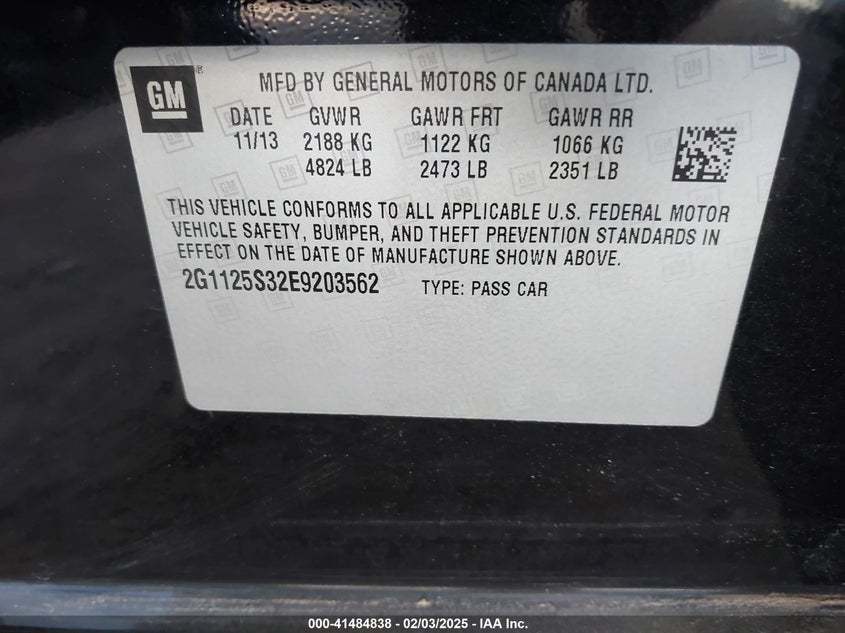 2014 CHEVROLET IMPALA VIN: 2G1125S32E9203562
