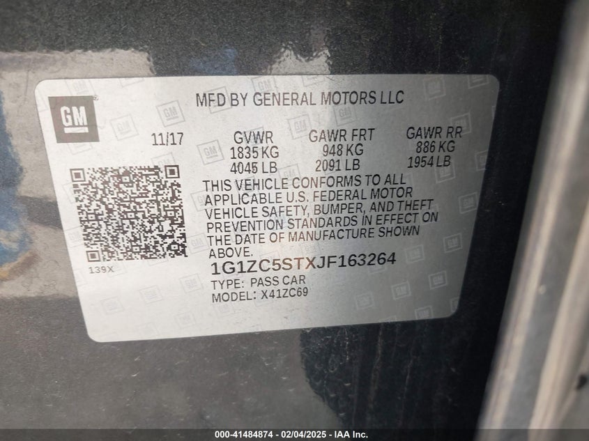 2018 CHEVROLET MALIBU VIN: 1G1ZC5STXJF163264