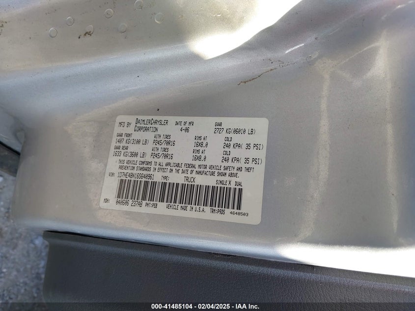 2006 Dodge Dakota Slt VIN: 1D7HE48N16S640961 Lot: 41485104