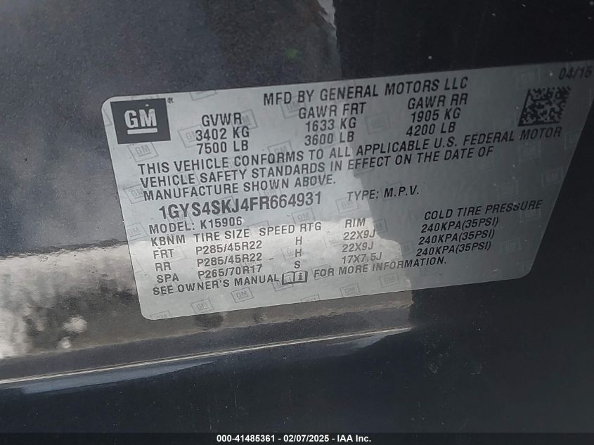 2015 Cadillac Escalade Esv Luxury VIN: 1GYS4SKJ4FR664931 Lot: 41485361