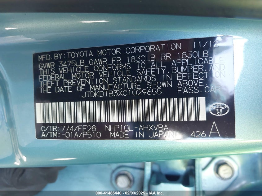 2012 TOYOTA PRIUS C VIN: JTDKDTB3XC1029655