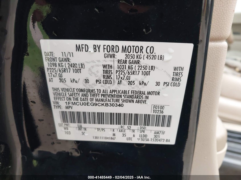 2012 FORD ESCAPE VIN: 1FMCU0EG9CKB30340