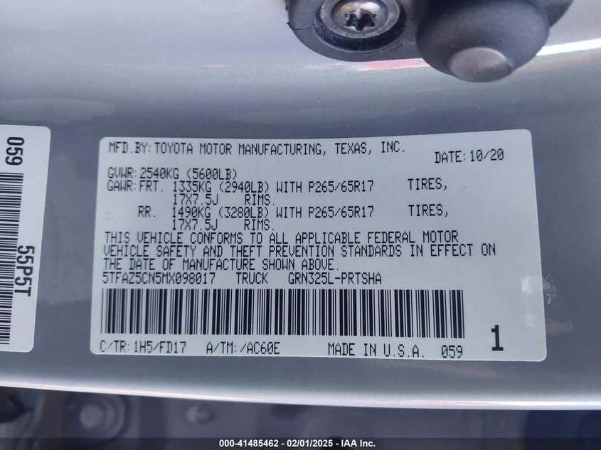 2021 TOYOTA TACOMA VIN: 5TFAZ5CN5MX098017