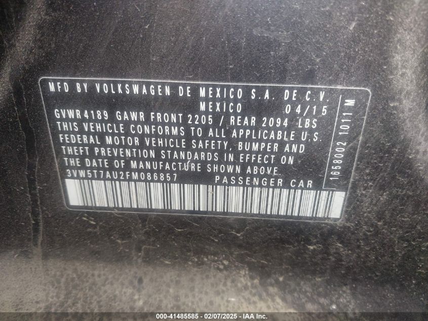 2015 Volkswagen Golf Gti 2.0T Se 4-Door VIN: 3VW5T7AU2FM086857 Lot: 41485585