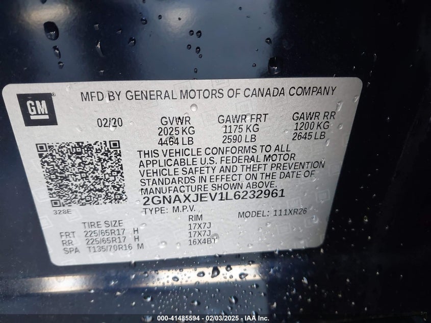 2020 CHEVROLET EQUINOX VIN: 2GNAXJEV1L6232961