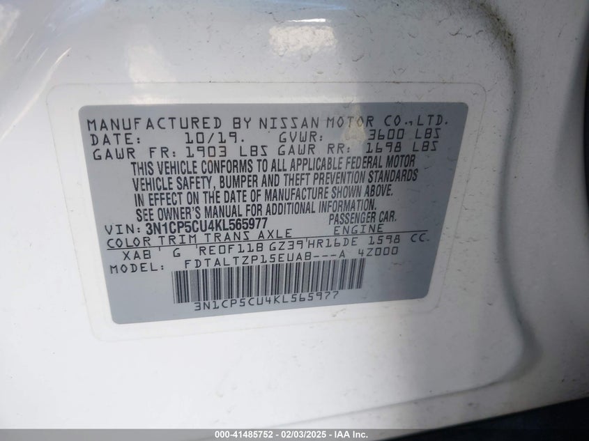 2019 NISSAN KICKS VIN: 3N1CP5CU4KL565977