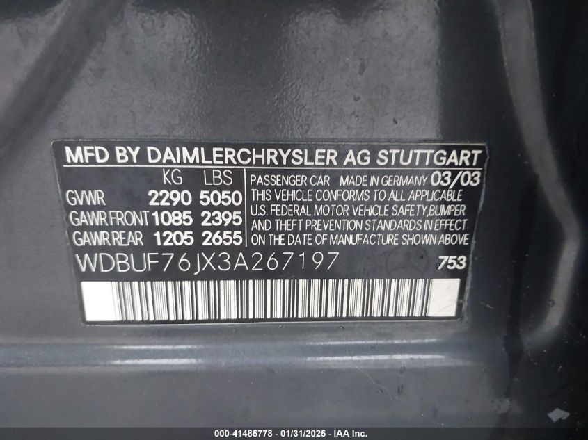 2003 Mercedes-Benz E 55 Amg VIN: WDBUF76JX3A267197 Lot: 41485778