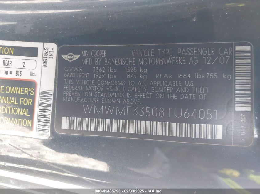 2008 Mini Cooper VIN: WMWMF33508TU64051 Lot: 41485793
